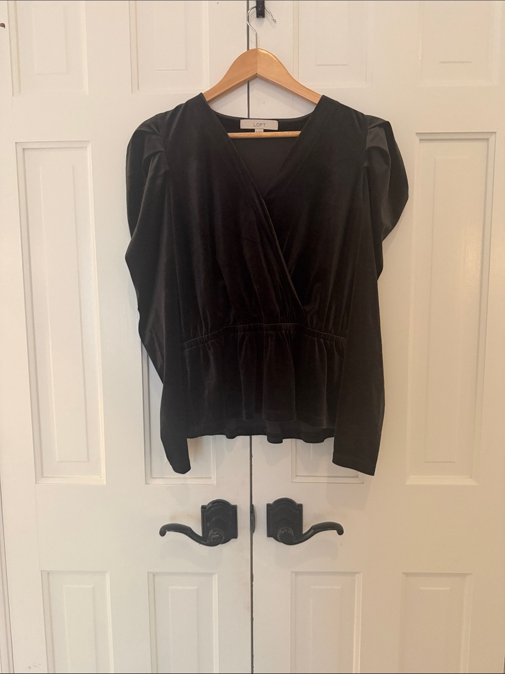 LOFT Black Velvet Surplice Puff-Sleeve Top